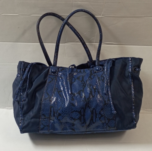 ❤️FALCHI BY FALCHI CARLOS NAVY Snake / Reptile & Nylon Shopper Bag Purse - Picture 1 of 13